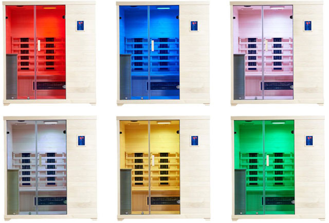 Saunas with different led light colors for chromotherapy